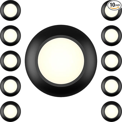 10 Packs 4 Inch Black LED Low Profile Recessed & Surface Mount Disk Light, Round, 10W, 600 Lumens, 3000K Warm White, CRI80, DOB Design, Dimmable, ETL Listed