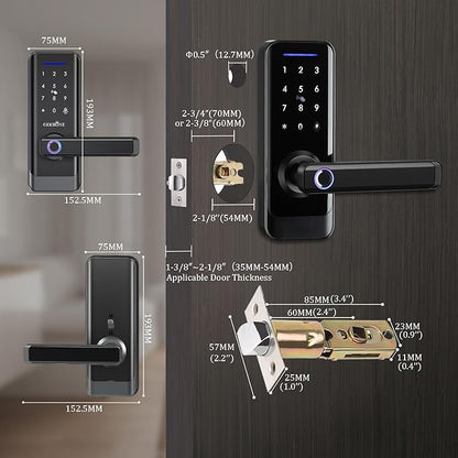 Smart Front Door Lock with Lever Handle, Keyless Entry Keypad Fingerprint Deadbolt, APP Control Biometric Electronic Digital Touchscreen Knob Set