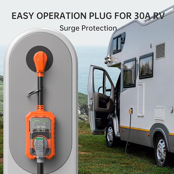 RV Surge Protector 30 Amp Waterproof- Smart 30Amp Power Protectors with Real-Time KWH, Voltage, and Current Monitor Large Screen, LED Display Circuit Analyzer for Camper Travel Trailer