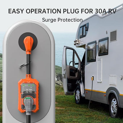 RV Surge Protector 30 Amp Waterproof- Smart 30Amp Power Protectors with Real-Time KWH, Voltage, and Current Monitor Large Screen, LED Display Circuit Analyzer for Camper Travel Trailer