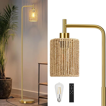 Oneach 66" Gold Floor Lamp for Living Room, Boho Floor Lamp with Remote Control and LED Bulb, Rattan Shade, Industrial Tall Farmhouse Standing Lamp for Bedroom, Dining Room, Study Room, Office