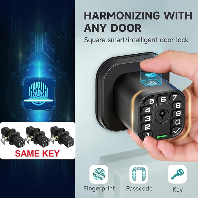 Richelock Fingerprint Door knob, Smart Biometric Door Lock with Keypad, Keyless Entry Code Door Knob, Waterproof & Weatherproof , Auto Lock ,Voice Navigation, For Bedroom, Gate,Office