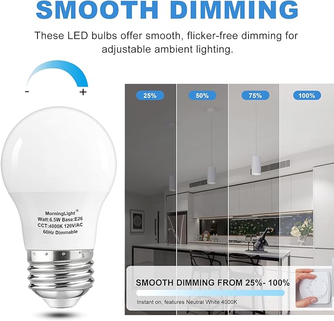 MorningLight A15 Ceiling Fan Light Bulbs 60 Watt Equivalent, 6.5W Dimmable LED Bulb Neutral White 4000K, 4 Pack A15 E26 6.5W LED Bulbs 60W for Pendant, Hallway Fixtures, 600LM Bulb