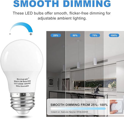 MorningLight A15 Ceiling Fan Light Bulbs 60 Watt Equivalent, 6.5W Dimmable LED Bulb Neutral White 4000K, 4 Pack A15 E26 6.5W LED Bulbs 60W for Pendant, Hallway Fixtures, 600LM Bulb