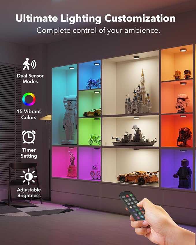 Radar Motion Sensor Puck Lights with Remote, 2400mAh RGB Rechargeable Wireless Under Cabinet Lighting for Kitchen, Magnet Stick on LED Closet Lights, Cordless Push Light for Counter, Stairs