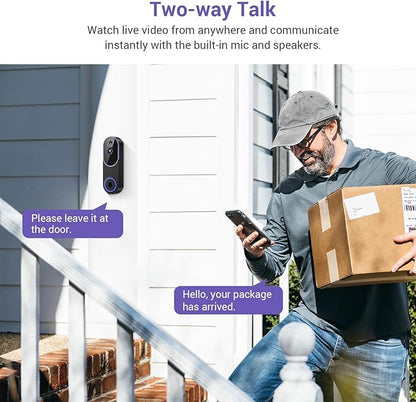 720P Indoor/Outdoor Battery Powered Smart Doorbell Security Camera, Night Vision, Motion Detection, Cloud Storage, 2-Way Audio, Home & Business Security Surveillance, 2.4GHz Wi-Fi（Excluding Receiver）