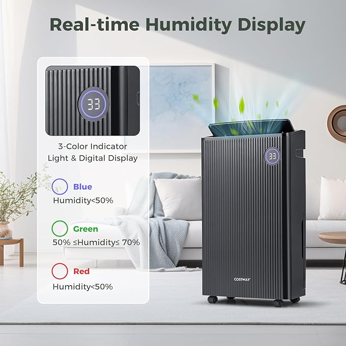 COSTWAY 4,500 Sq. Ft Dehumidifier for Basement, 3-Color Humidity Indicator, Dry Clothes Mode, 12" Drain Hose & Wheels, 57 Pints Dehumidifier for Large Room (Black)