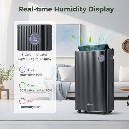 COSTWAY 4,500 Sq. Ft Dehumidifier for Basement, 3-Color Humidity Indicator, Dry Clothes Mode, 12" Drain Hose & Wheels, 57 Pints Dehumidifier for Large Room (Black)