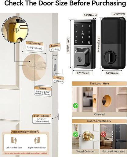Smart Deadbolt Lock, Keyless Entry Door Lock, Fingerprint, Electronic Touchscreen Keypad, APP Control, Temporary Passcode, Auto Lock, IP54 Waterproof, Easy Install for Front Door