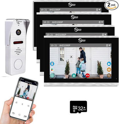 Wired Video Doorbell Intercom with 1080P Video Entry Doorphone Door Camera,10 Inch Touch Monitor,TUYA Wireless Smart Home Video Intercom Door Phone Kits for Villa Apartment (1 doorbell+4 Monitor)