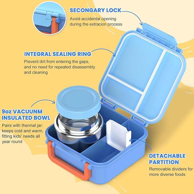 JOOPETALK Bento Lunch Box Set for Kids with 9oz Soup Thermo, Insulated Lunch Bag,Leak-proof BPA-free Lunch Food Container with 3-4 Conpartments for School Travel-Blue