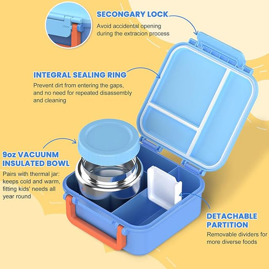 JOOPETALK Bento Lunch Box Set for Kids with 9oz Soup Thermo, Insulated Lunch Bag,Leak-proof BPA-free Lunch Food Container with 3-4 Conpartments for School Travel-Blue