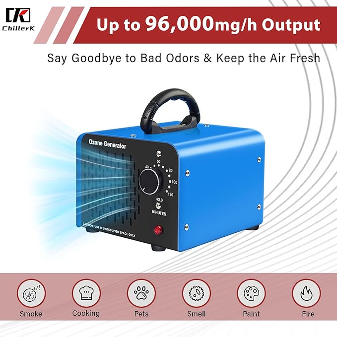 Ozone Generator 96,000mg, Commercial Ozone Machine Odor Removal, High Capacity O3 Ionizer Air Purifier Deodorizer, Portable Mini for Car, Home, Smoke, Pets, Industrial -Blue