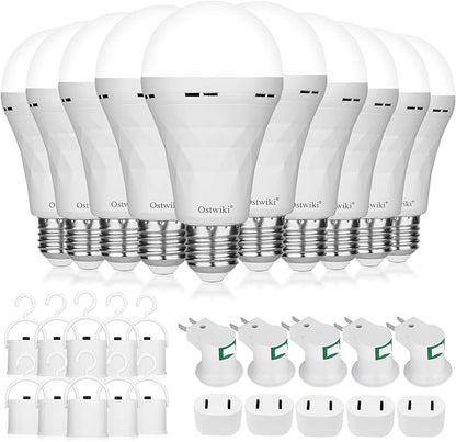 Ostwiki 10 Pack Rechargeable Emergency Light Bulbs,Battery Operated Backup Light Bulb for Power Outage Camping Outdoor Hurricane 9W E27 8500K 1200mAh White Self-Charging LED Light Bulbs