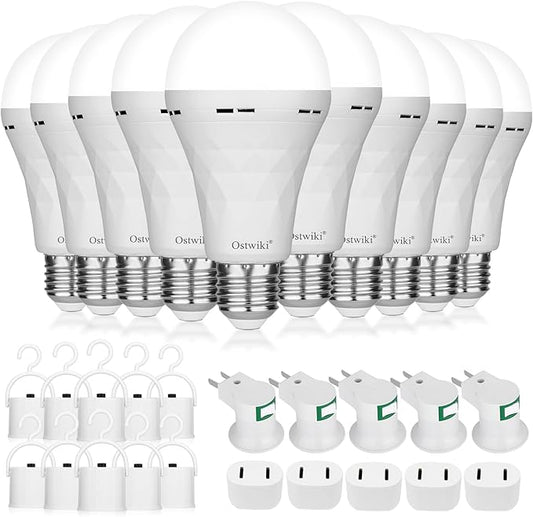 Ostwiki 10 Pack Rechargeable Emergency Light Bulbs,Battery Operated Backup Light Bulb for Power Outage Camping Outdoor Hurricane 9W E27 8500K 1200mAh White Self-Charging LED Light Bulbs