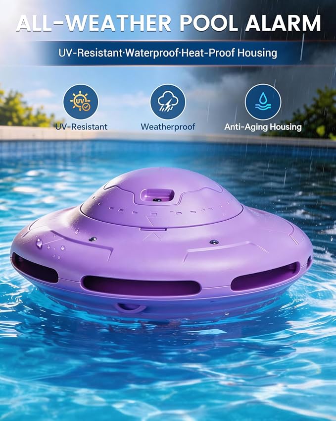 Smart Pool Alarm with App for Inground & Above Ground Pools, Adjustable Sensitivity Water Detection Alarm up to 20x40ft, 85dB+ Safety Alerts for Kids, Pets & Accidental Entry(Purple)