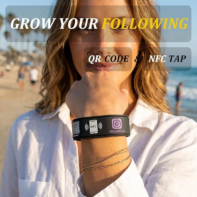 Smart NFC Social Media Wristband – Silicone QR Bracelet for Facebook, Instagram & Google Reviews | Waterproof | Lifetime Link Update | Analytics Dashboard (NFC-WB-INS-BLK-V1)