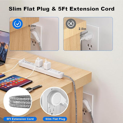 2 Pack Power Strip Surge Protector - 6 Outlets 3 USB Charging Ports (1 USB C), 5Ft Extension Cord, Flat Plug, Overload Protection, Wall Mount for Office Home, Dorm Room White