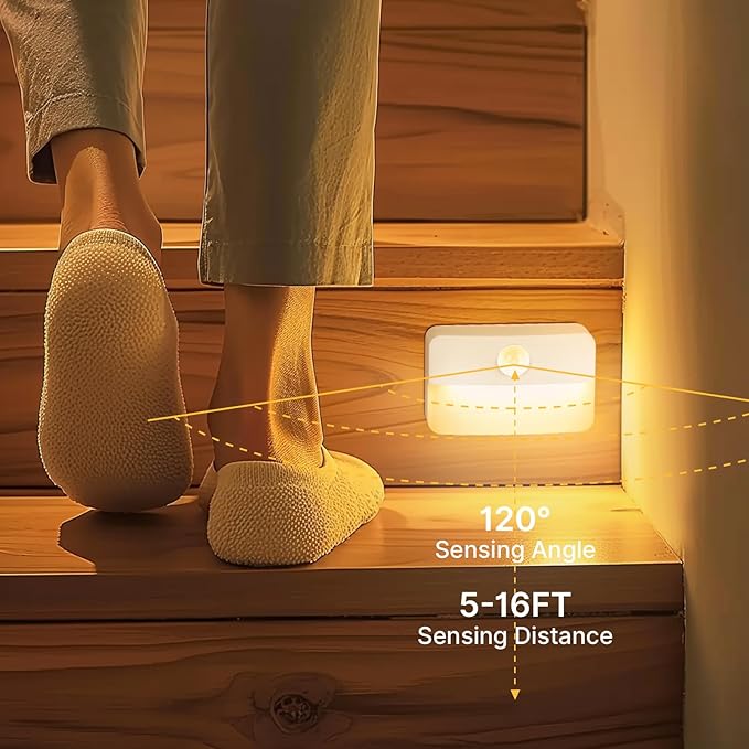 Guankai 8 Pack Motion Sensor Stair Light for Indoor, Battery Operated Closet Lights, Wireless Stick on Anywhere Hallway Lamp, Portable Led Night Lamps for Bedroom Under Cabinet Kitchen