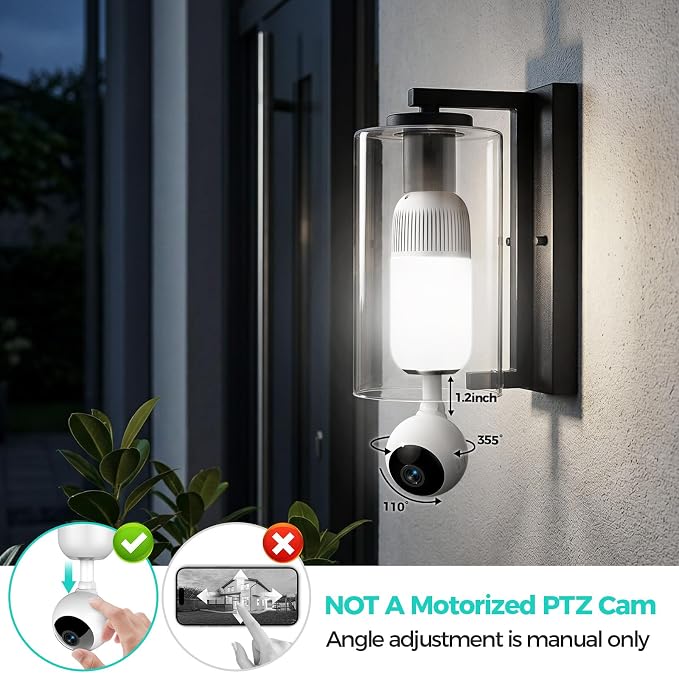 2K Light Bulb Security Cameras Outdoor Indoor - 355° Manual Pan