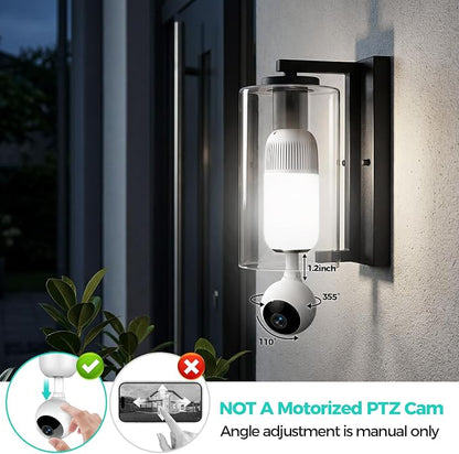 2K Light Bulb Security Cameras Outdoor Indoor - 355° Manual Pan