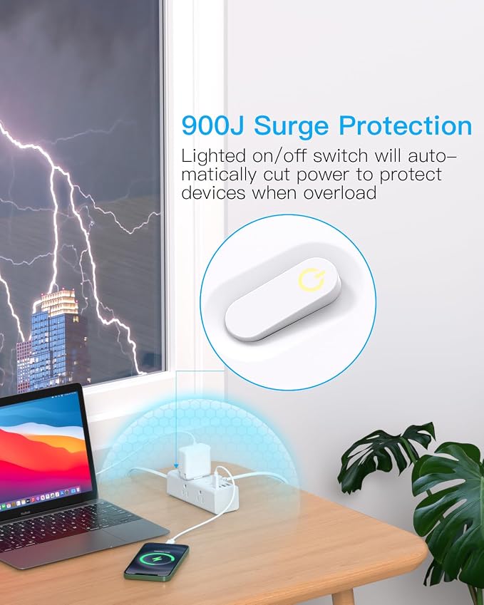 5Ft Extension Cord with Multiple Outlets, Flat Plug Power Strip Surge Protector with 5 Ft Long Cord, 6 Outlet 4 USB Ports (2 USB C), Multi Outlet Wall Plug for Travel, College, Dorm Room Essentials