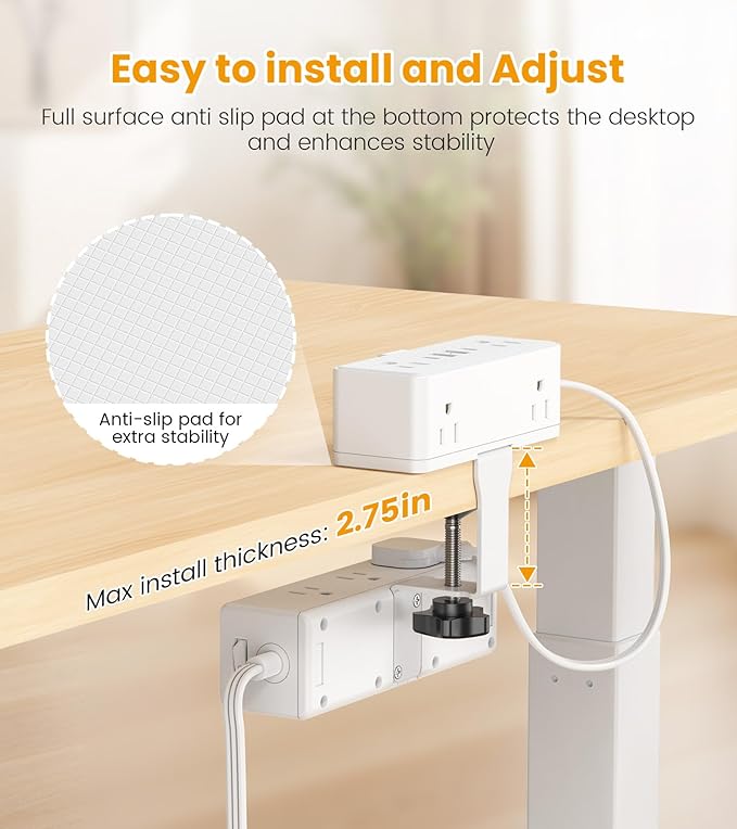 Dual Layer Desk Clamp Power Strip, Desktop Edge Mount Surge Protector with 15 AC Outlets & 4 USB Ports(20W USB-C), Ultra Thin Flat Plug & 10FT Power Cord for Office Home(ETL Listed)