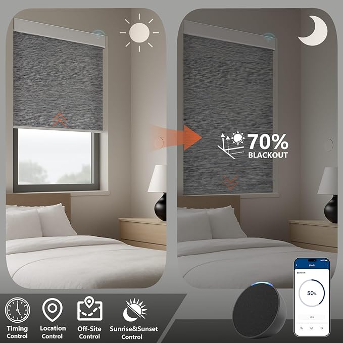 Motorized Light Filtering Roller Shades – Smart Electric Blinds for Living Room, Alexa Google Home Siri, Matter Compatible, Custom Window Shades, Cordless Rechargeable