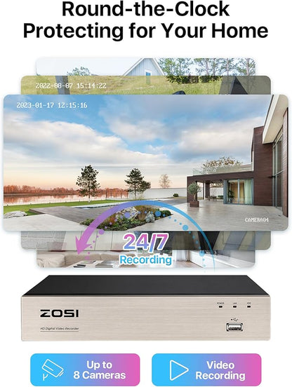 ZOSI 8CH CCTV Camera System, H.265+ 5MP Lite DVR Recorder with 4 x 1080P Outdoor Indoor Security Bullet Cameras, AI Human Vehicle Detection, 80ft Night Vision, Remote Access, NO Hard Drive