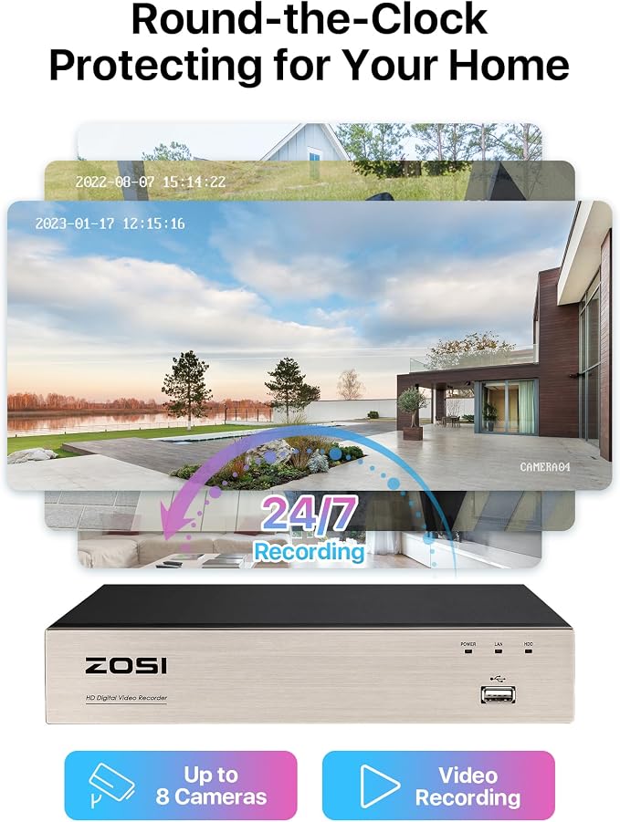 ZOSI 3K Lite Wired CCTV Camera System, 2 X 2MP Bullet Cameras, NO HDD | AI Human/Vehicle Detection, 5MP Lite H.265+, 8 Channel Surveillance DVR, IP66 Weatherproof Camera, 80ft Night Vision