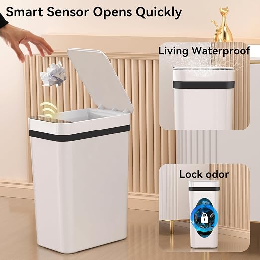 FRESHLIX 3 Pack Bathroom Trash Can 2.6 Gallon Small Touchless Automatic Motion Sensor Trash Cans Slim Waterproof Garbage Bin with Lid for Kitchen, Office, Bedroom White