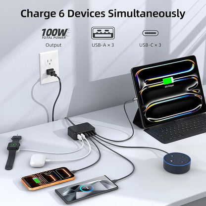 100W 6 in 1 USB Charger, 50% Smaller Charging Station for Multiple Devices | Fast Charging Blocks with Type C Port, USB Charging Hub Organizer Multiport Power Strip for iPhone,Samsung,Ipad,Kindle,Travel