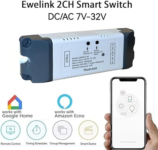 EweLink 2CH 7-32V WiFi RF Wireless Switching Relay,Point/Self-Locking Interlock Mode,App Smart Remote Control for Smart Home, Access Control, Garage Door,Compatible with Alexa Google Home