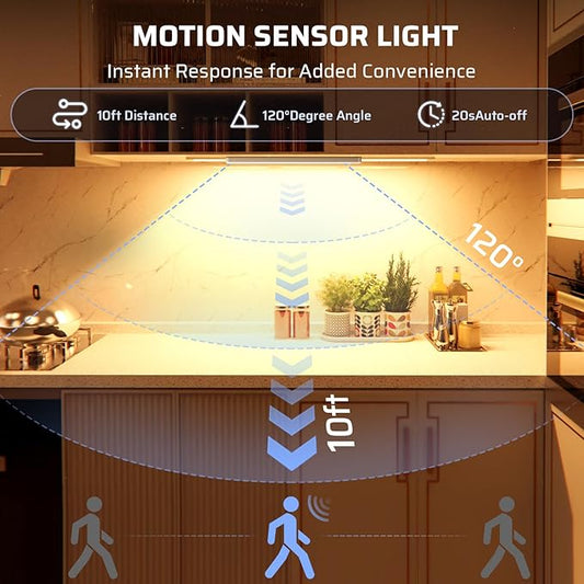 Under Cabinet Lighting Wireless LED Motion Sensor Magnetic Light 2200maAh Rechargeable Indoor Closet Lights for Kitchen, Stairs (2, Warm White, 10 Inch)