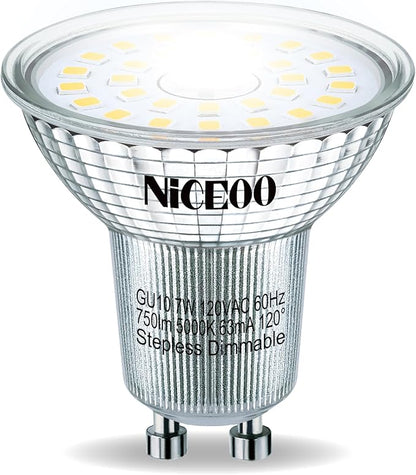 GU10 7W LED Dimmable Light Bulb,5000K Daylight White,Equivalent 75W Halogen, 120V 750LM, 120° Beam Angel, No Flicker Spotlight, Smooth Dimming, MR16 Recessed Track Lighting, 4 Pack
