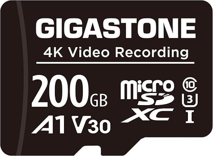 GIGASTONE 200GB Micro SD Card, A1 V30 4K Video Recording, Compatible with Security Camera, Dash Cam, Drone, 100MB/s MicroSDXC Memory Card UHS-I, with Adapter