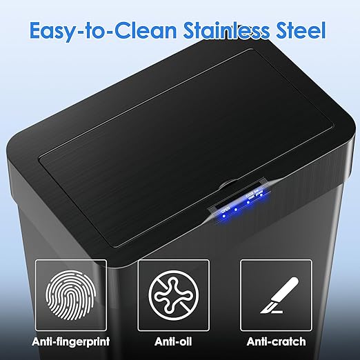 Sensor Trash Can, Touchless Motion Sensor Trash Bin, Smart Automatic Garbage Can with Soft-Close Lid, Bag Retainer Ring and Display Light,for Kitchen,Living Room Office (Black, 18.5 Gal)