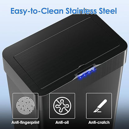 Sensor Trash Can, Touchless Motion Sensor Trash Bin, Smart Automatic Garbage Can with Soft-Close Lid, Bag Retainer Ring and Display Light,for Kitchen,Living Room Office (Black, 13.2 Gal)