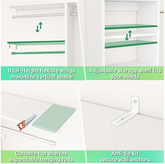 Besiost 4FT Small Closet Organizer System with 4 Hanging Rods & 3 Shelves | 48" Closet System for Small Closets, 80" H Small Closet Organizers and Storage for Bedrooms, Cloakrooms, White