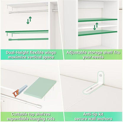 Besiost 4FT Small Closet Organizer System with 4 Hanging Rods & 3 Shelves | 48" Closet System for Small Closets, 80" H Small Closet Organizers and Storage for Bedrooms, Cloakrooms, White