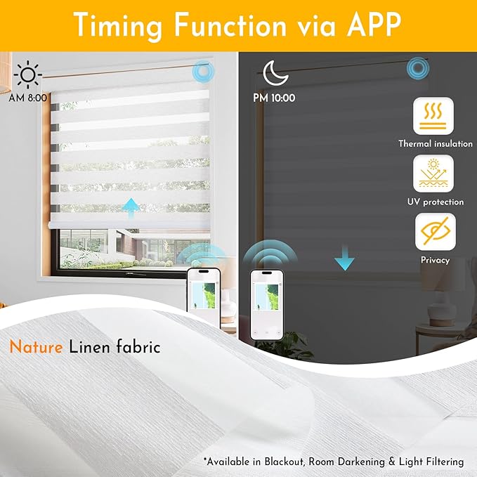 Persilux No Drill Motorized Zebra Blinds with Remote, Automatic 65% Blackout Smart Zebra Shades, Dual Layer Privacy, Linen Fabric, White, RS2255-1