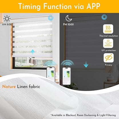 Persilux No Drill Motorized Zebra Blinds with Remote, Automatic 65% Blackout Smart Zebra Shades, Dual Layer Privacy, Linen Fabric, White, RS2255-1