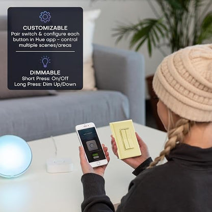 RunLessWire Click for Hue Battery-Free Wireless Smart Switch 2 Pack Ivory | Dimmable Kinetic Switch Pairs Natively to Philips Hue Bridge, 4 Programmable Buttons to Control Scenes & Areas, 100ft Range