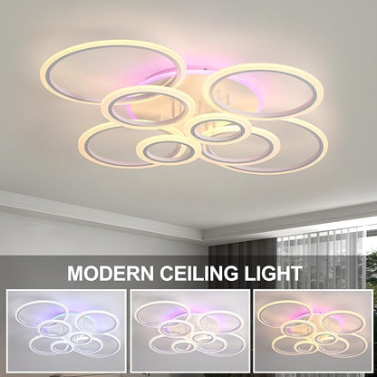 80W LED Ceiling Light, Dimmable 8-Ring Flush Mount Fixture, White | 41.3" Modern Ceiling Light with Remote, 4800LM, 3000K-6000K Tunable White & 3-Color Backlight for Living Room Bedroom Kitchen
