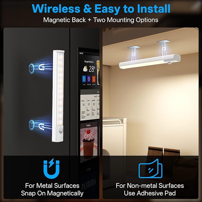 Under Cabinet Lighting with Charging Station,Rechargeable Motion Sensor Light Indoor,LED Closet Lights,3 Colors Dimmable,Magnetic for Kitchen,Wardrobe,Bedroom,Drawer 3Pack