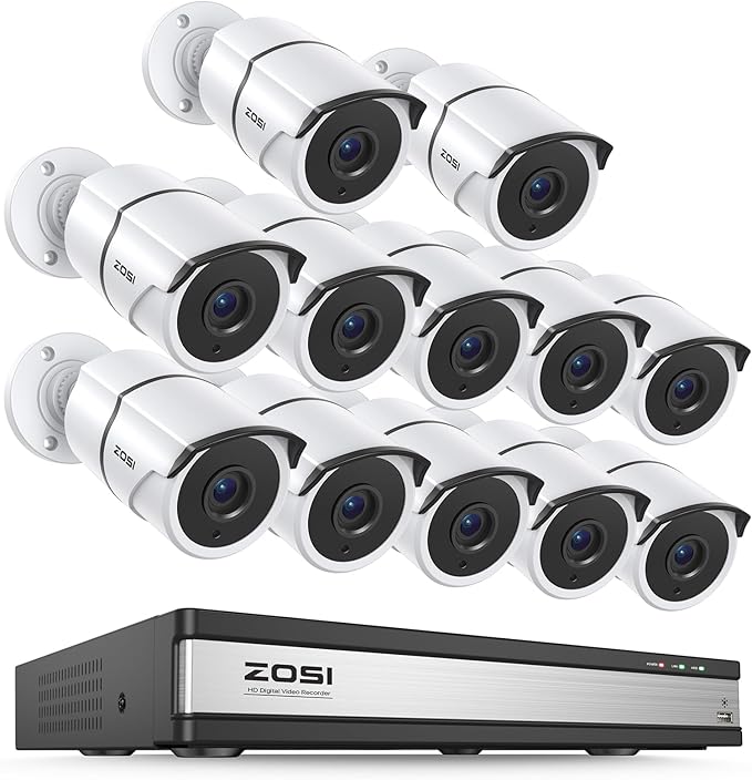 ZOSI 16 Channel Wired Security Camera System,12pcs 1080P Wired Outdoor Metal Cameras,One-Way Audio,AI Person/Vehicle Detection,Night Vision,H.265+ 16CH DVR for Business,Remote Access (No Hard Drive)