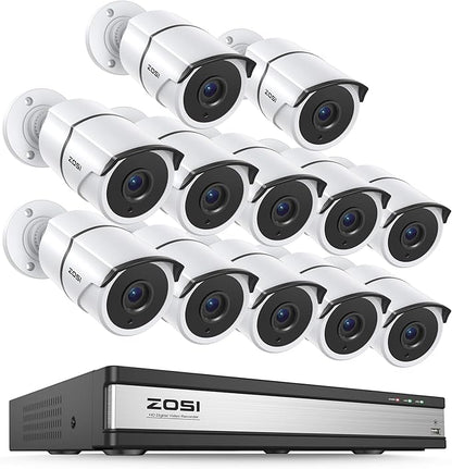 ZOSI 16 Channel Wired Security Camera System,12pcs 1080P Wired Outdoor Metal Cameras,One-Way Audio,AI Person/Vehicle Detection,Night Vision,H.265+ 16CH DVR for Business,Remote Access (No Hard Drive)