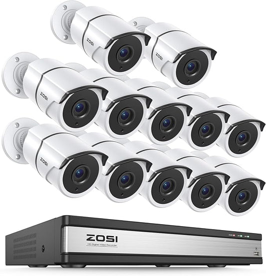 ZOSI 16 Channel Wired Security Camera System,12pcs 1080P Wired Outdoor Metal Cameras,One-Way Audio,AI Person/Vehicle Detection,Night Vision,H.265+ 16CH DVR for Business,Remote Access (No Hard Drive)