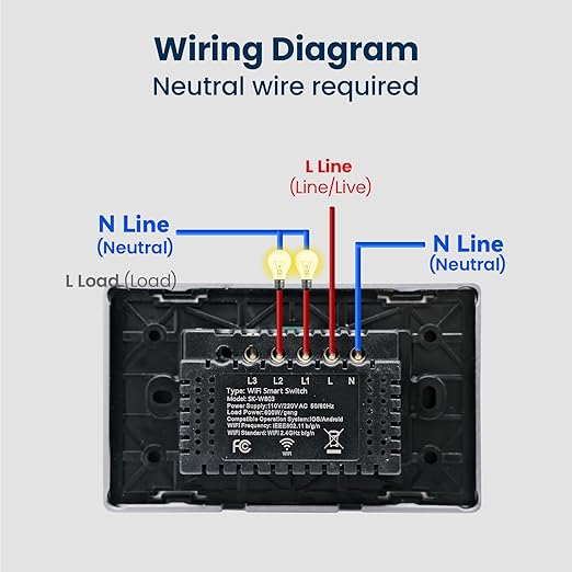 Smart Switch Aluminum Frame,2.5D Glass Panel,4.65 X 2.83 X 1.26 Inches,Need Neutral Wire,2.4GHz WiFi,Work with Tuya/Smart Life,App/Voice Control,Black 2 Button