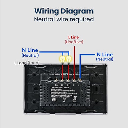 Smart Switch Aluminum Frame,2.5D Glass Panel,4.65 X 2.83 X 1.26 Inches,Need Neutral Wire,2.4GHz WiFi,Work with Tuya/Smart Life,App/Voice Control,Black 2 Button